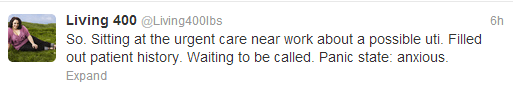 So. Sitting at the urgent care near work about a possible uti. Filled out patient history. Waiting to be called. Panic state: anxious.
